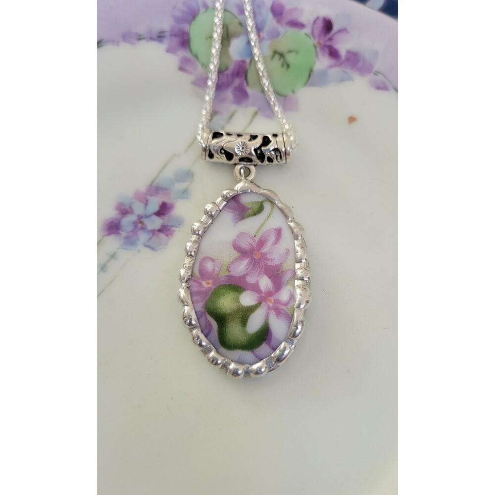 Broken China Necklace • Upcycled Superior China Japan Violet Floral Pendant